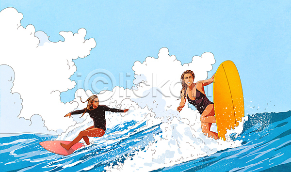 시원함 두명 성인 성인여자만 여자 PSD 일러스트 구름(자연) 바다 서기 서퍼 서핑 서핑보드 수영복 전신 파도 파란색 하늘