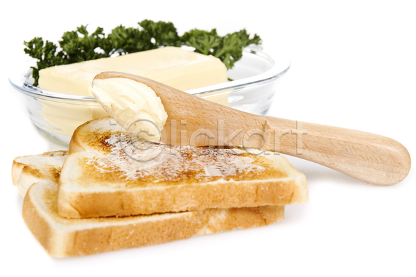 사람없음 JPG 포토 해외이미지 바르기 버터 버터나이프 식빵 실내 유리그릇 토스트 흰배경