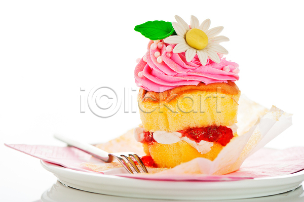 달콤 사람없음 JPG 포토 해외이미지 스프링클 잎 장식 접시 컵케이크 크림 포크 한개