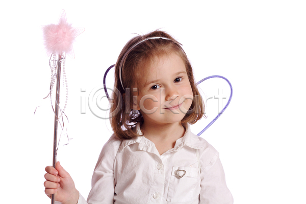 청춘(젊음) 어린이 여자 한명 JPG 포토 해외이미지 날개(비행) 마법 미소(표정) 반짝임 별 뷰티 요정 지팡이 천사 흰배경