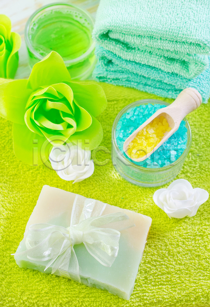 사람없음 JPG 포토 해외이미지 꽃 리본 비누 수건 스쿱 스파 스파용품 아로마테라피 입욕소금 초록색
