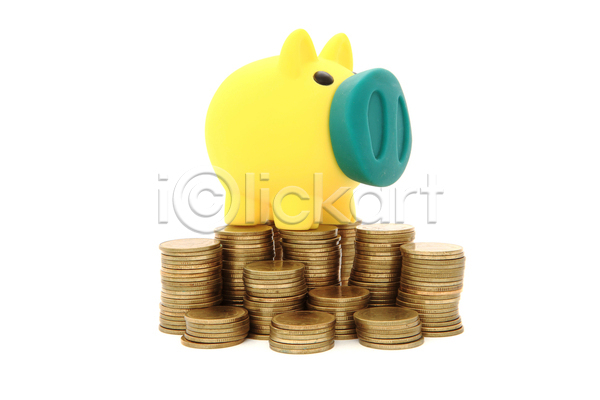 사람없음 JPG 포토 해외이미지 경제 금융 동전 동전탑 돼지저금통 실내 흰배경