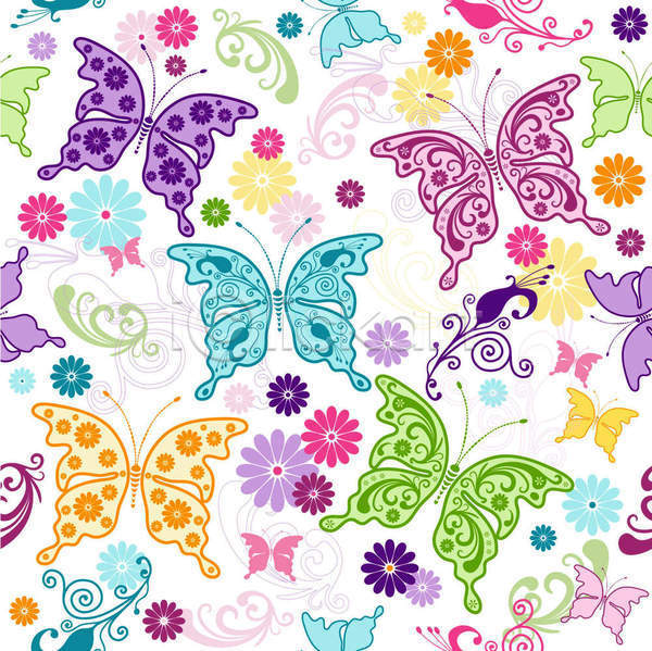 화려 사람없음 EPS 일러스트 해외이미지 꽃 꽃무늬 나비 디자인 백그라운드 여러마리