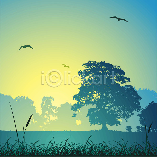 사람없음 EPS 실루엣 일러스트 해외이미지 나무 백그라운드 숲 시골 여러마리 조류 파란색 풍경(경치)