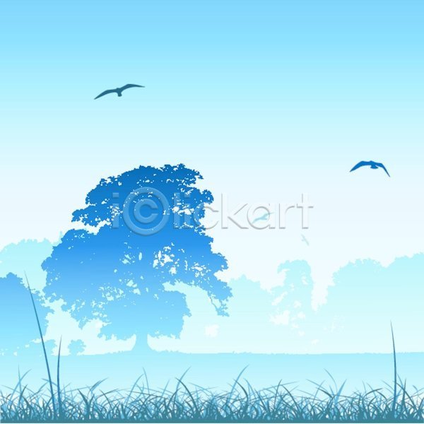 사람없음 EPS 실루엣 일러스트 해외이미지 나무 숲 안개 여러마리 조류 파란색 풍경(경치)