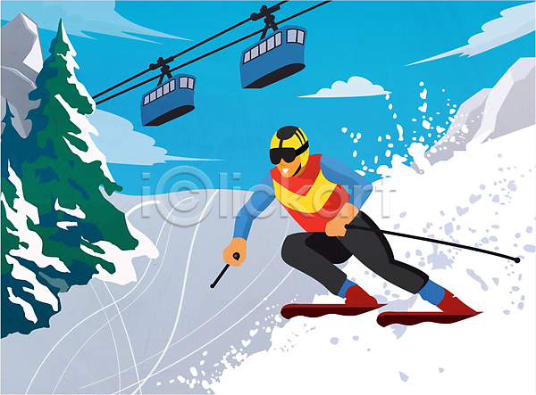 즐거움 남자 성인 성인남자한명만 한명 AI(파일형식) 일러스트 겨울 겨울스포츠 구름(자연) 나무 눈(날씨) 라이프스타일 스키 스키고글 스키복 스키장 스키타기 잡기 전신 취미 케이블카 폴 하늘