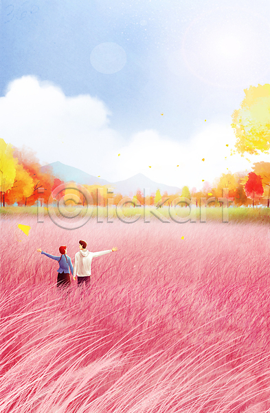 사랑 남자 두명 성인 성인만 여자 PSD 일러스트 가을(계절) 가을풍경 구름(자연) 나무 단풍 데이트 분홍색 산 상반신 손들기 손잡기 숲 잎 전신 커플 핑크뮬리