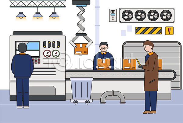 남자 사람 성인남자만 세명 AI(파일형식) 일러스트 겨울 공장 관리 기계 비즈니스 비즈니스맨 상자 셔터 안전바 컨베이어 컬러풀 확인 환풍기