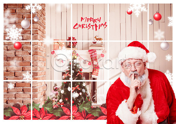 즐거움 50대 남자 서양인 외국인 중년 중년남자한명만 한명 PSD 앞모습 편집이미지 겨울 눈(날씨) 빨간색 산타클로스 상반신 서기 선물 쉿 장식 창밖 크리스마스 크리스마스트리 흥미