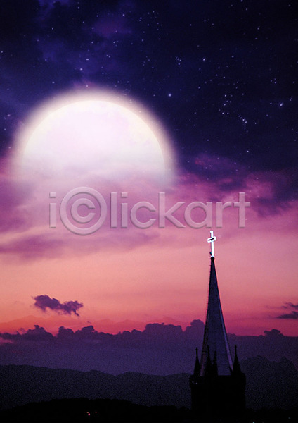 사람없음 PSD 편집이미지 교회 구름(자연) 달 달빛 별 보라색 십자가 야간 야경 자연 풍경(경치) 하늘
