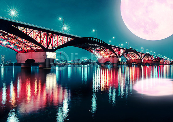 사람없음 PSD 편집이미지 가로등 강 다리(건축물) 달 달빛 반사 야간 야경 자연 컬러풀 풍경(경치)