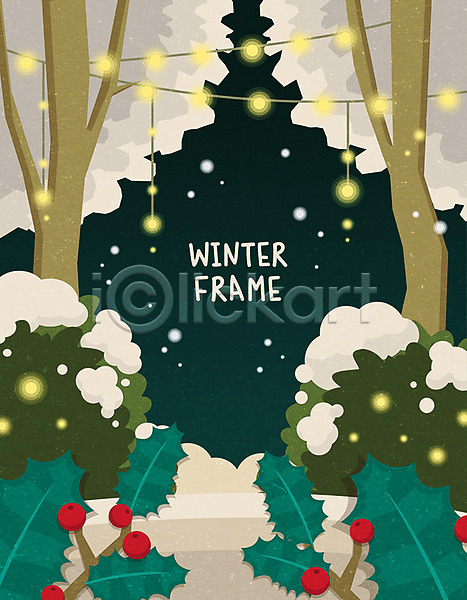 사람없음 AI(파일형식) 일러스트 프레임일러스트 겨울 겨울풍경 나무 열매 전구 전등 조명 컬러풀 풍경(경치) 프레임