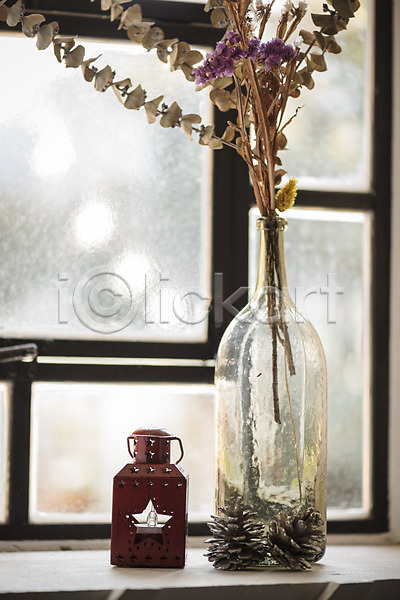설레임 휴식 사람없음 JPG 포토 겨울 꽃 꽃병 램프 솔방울 실내 오브젝트 창가 크리스마스 크리스마스용품