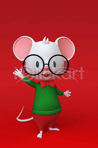 귀여움 사람없음 3D PSD 디지털합성 편집이미지 2020년 3D캐릭터 경자년 빨간색 새해 손인사 안경 쥐 쥐띠 쥐캐릭터 캐릭터 편집 한마리 흰쥐