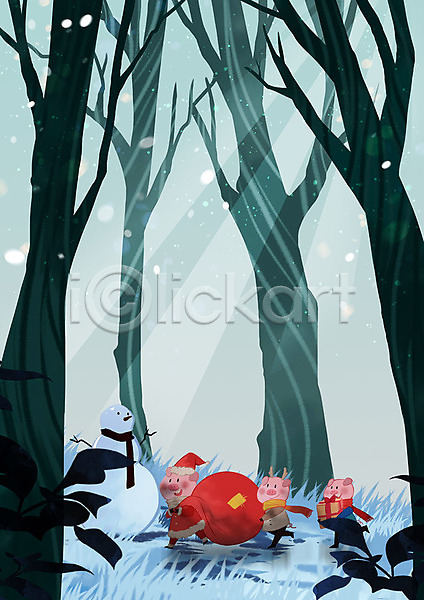 따뜻함 사람없음 PSD 일러스트 겨울 눈(날씨) 눈사람 돼지 돼지캐릭터 산타클로스 선물 세마리 숲 숲속 아기돼지 크리스마스