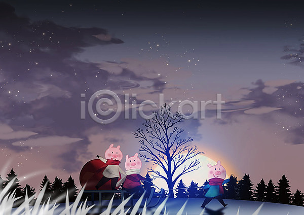 따뜻함 사람없음 PSD 일러스트 겨울 나무 돼지 돼지캐릭터 선물 세마리 썰매 썰매타기 아기돼지 초원(자연) 크리스마스