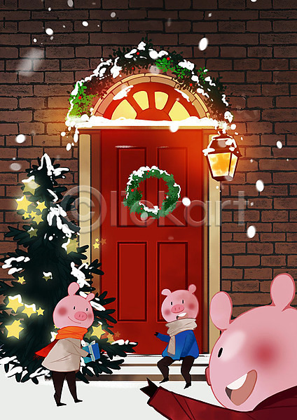 따뜻함 사람없음 PSD 일러스트 겨울 눈(날씨) 돼지 돼지캐릭터 문 벽돌 세마리 아기돼지 전등 크리스마스 크리스마스리스 현관문
