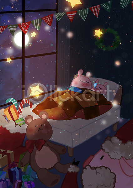 따뜻함 사람없음 PSD 일러스트 겨울 곰인형 돼지 돼지캐릭터 산타클로스 선물 세마리 아기돼지 양말 이불 침대 크리스마스 크리스마스리스