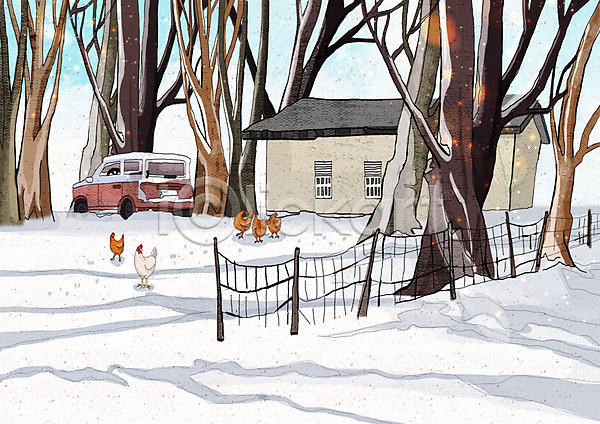 차가움 추위 행복 사람없음 PSD 일러스트 겨울 겨울배경 겨울풍경 나무 날씨 눈(날씨) 닭 백그라운드 여러마리 정원 주택 크리스마스 풍경(경치) 흰색