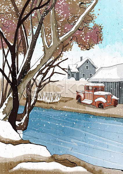 차가움 추위 행복 사람없음 PSD 일러스트 강 겨울 겨울배경 겨울풍경 나무 날씨 눈(날씨) 마을 백그라운드 자동차 주택 크리스마스 풍경(경치) 흰색