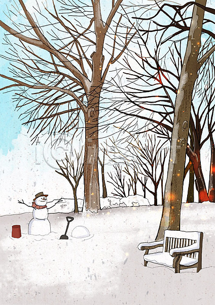 차가움 추위 행복 사람없음 PSD 일러스트 겨울 겨울배경 겨울풍경 나무 날씨 눈(날씨) 눈사람 백그라운드 벤치 산속 크리스마스 풍경(경치) 흰색