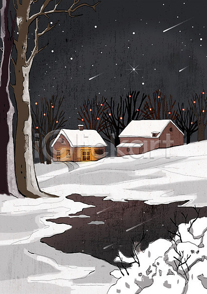 차가움 추위 행복 사람없음 PSD 일러스트 겨울 겨울배경 겨울풍경 나무 날씨 눈(날씨) 마을 밤하늘 백그라운드 유성 주택 크리스마스 풍경(경치) 흰색