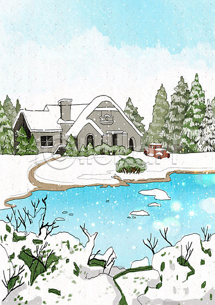 차가움 추위 행복 사람없음 PSD 일러스트 겨울 겨울배경 겨울풍경 나무 날씨 눈(날씨) 백그라운드 주택 크리스마스 풍경(경치) 호수 흰색