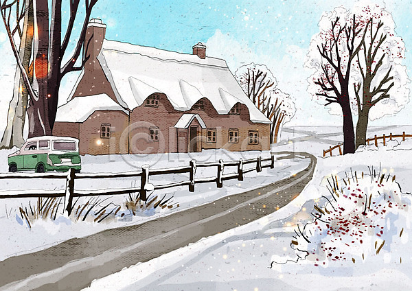 차가움 추위 행복 사람없음 PSD 일러스트 겨울 겨울배경 겨울풍경 나무 날씨 눈(날씨) 마을 백그라운드 주택 크리스마스 풍경(경치) 흰색