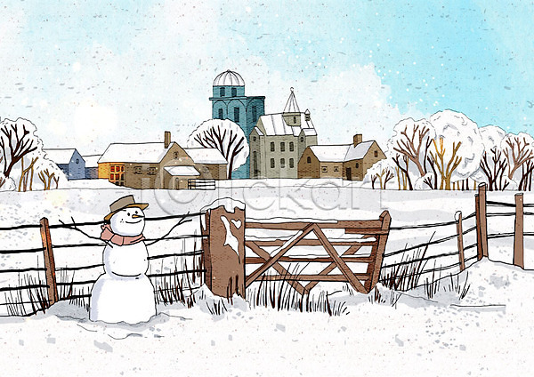 차가움 추위 행복 사람없음 PSD 일러스트 겨울 겨울배경 겨울풍경 날씨 눈(날씨) 눈사람 마을 백그라운드 주택 크리스마스 풍경(경치) 흰색