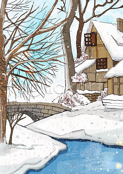 차가움 추위 행복 사람없음 PSD 일러스트 강 겨울 겨울배경 겨울풍경 나무 날씨 눈(날씨) 백그라운드 주택 크리스마스 풍경(경치) 흰색