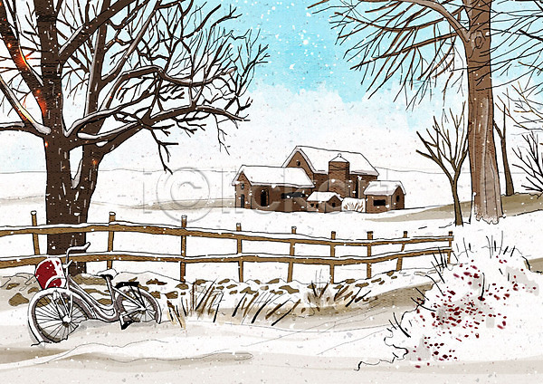 차가움 추위 행복 사람없음 PSD 일러스트 겨울 겨울배경 겨울풍경 나무 날씨 눈(날씨) 마을 백그라운드 자전거 주택 크리스마스 풍경(경치) 흰색