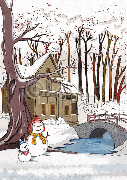 차가움 추위 행복 사람없음 PSD 일러스트 겨울 겨울배경 겨울풍경 나무 날씨 눈(날씨) 눈사람 백그라운드 숲속 주택 크리스마스 풍경(경치) 흰색