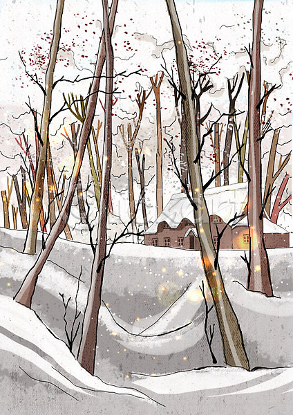 차가움 추위 행복 사람없음 PSD 일러스트 겨울 겨울배경 겨울풍경 나무 날씨 눈(날씨) 백그라운드 숲속 주택 크리스마스 풍경(경치) 흰색