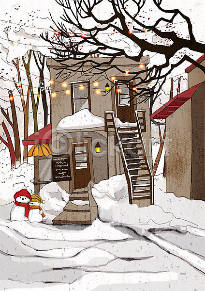 차가움 추위 행복 사람없음 PSD 일러스트 겨울 겨울배경 겨울풍경 나무 날씨 눈(날씨) 눈사람 백그라운드 조명 주택 크리스마스 풍경(경치) 흰색