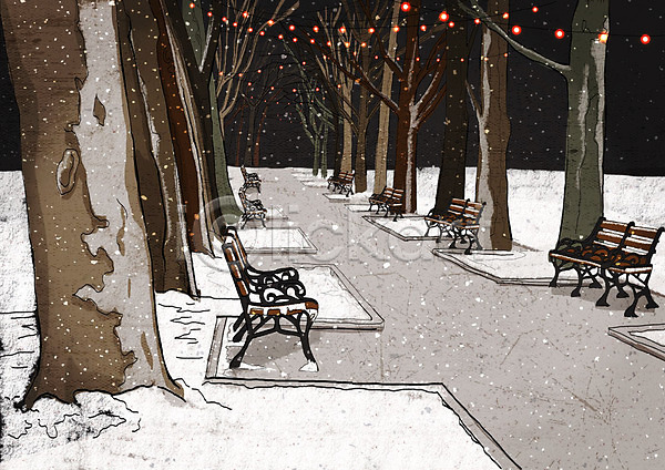 차가움 추위 행복 사람없음 PSD 일러스트 겨울 겨울배경 겨울풍경 공원 나무 날씨 눈(날씨) 도시풍경 백그라운드 벤치 크리스마스 풍경(경치) 흰색