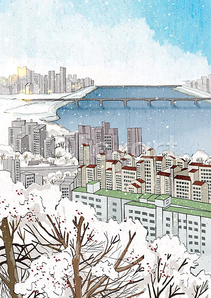 차가움 추위 행복 사람없음 PSD 일러스트 강 겨울 겨울배경 겨울풍경 날씨 눈(날씨) 다리(건축물) 도시 도시풍경 백그라운드 아파트 크리스마스 풍경(경치) 흰색