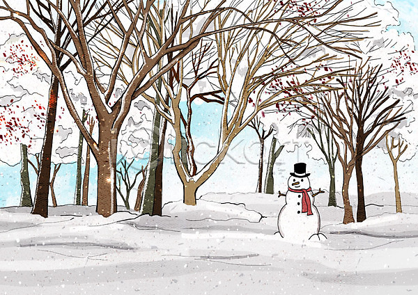 차가움 추위 행복 사람없음 PSD 일러스트 겨울 겨울배경 겨울풍경 나무 날씨 눈(날씨) 눈사람 백그라운드 설원 숲속 크리스마스 풍경(경치) 흰색