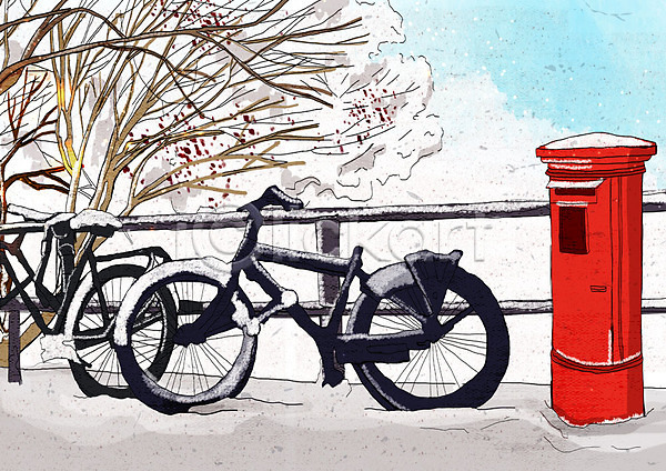 차가움 추위 행복 사람없음 PSD 일러스트 겨울 겨울배경 겨울풍경 날씨 눈(날씨) 백그라운드 우체통 자전거 크리스마스 풍경(경치) 흰색