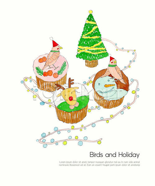 사람없음 PSD 일러스트 겨울 나무 두마리 수채화(물감) 장식 조류 컬러풀 컵케이크 크리스마스 크리스마스트리