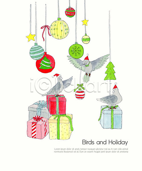 사람없음 PSD 일러스트 겨울 나무 선물 세마리 수채화(물감) 오너먼트 장식 장식볼 조류 컬러풀 크리스마스 크리스마스트리