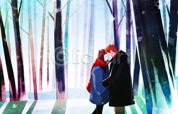 따뜻함 사랑 남자 두명 사람 여자 PSD 일러스트 겨울 겨울배경 나무 눈(날씨) 데이트 목도리 백그라운드 숲 이마맞대기 커플