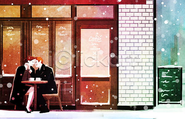 따뜻함 사랑 남자 두명 사람 여자 PSD 일러스트 겨울 겨울배경 눈(날씨) 데이트 백그라운드 앉기 카페 커플 커피 키스 탁자