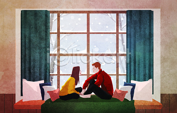 따뜻함 사랑 남자 두명 사람 여자 PSD 일러스트 겨울 겨울배경 눈(날씨) 담요 대화 데이트 백그라운드 소파 창문 커튼 커플 쿠션