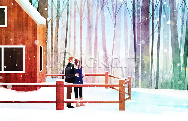 따뜻함 사랑 남자 두명 사람 여자 PSD 일러스트 겨울 겨울배경 나무 눈(날씨) 데이트 목도리 백그라운드 산장 숲 울타리 커플 커피