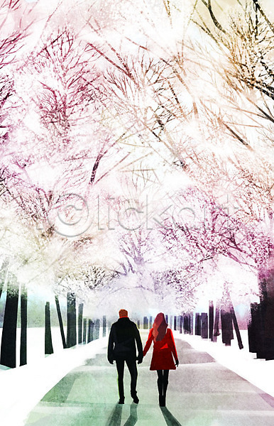 따뜻함 사랑 남자 두명 사람 여자 PSD 일러스트 가로수 걷기 겨울 겨울배경 나무 눈(날씨) 데이트 백그라운드 손잡기 커플