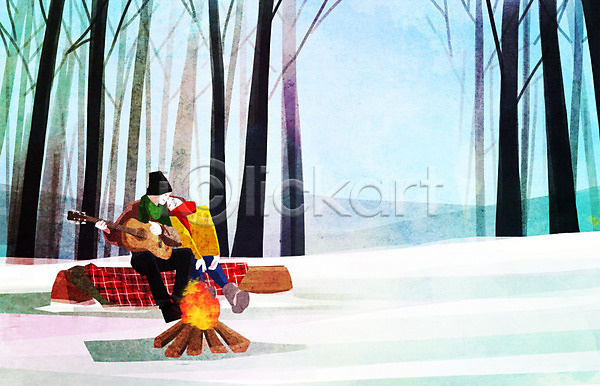 따뜻함 사랑 남자 두명 사람 여자 PSD 일러스트 겨울 겨울배경 기댐 기타 나무 눈(날씨) 데이트 모닥불 백그라운드 숲 커플 통나무
