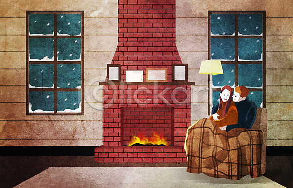 따뜻함 사랑 남자 두명 사람 여자 PSD 일러스트 겨울 겨울배경 눈(날씨) 담요 데이트 백그라운드 벽난로 소파 액자 창문 카펫 커플