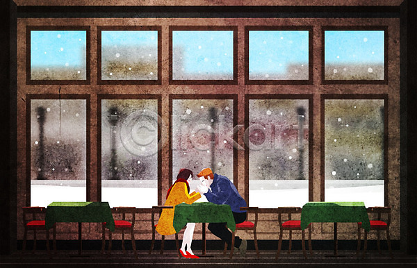 따뜻함 사랑 남자 두명 사람 여자 PSD 일러스트 겨울 겨울배경 눈(날씨) 데이트 백그라운드 손잡기 창문 카페 커플 탁자