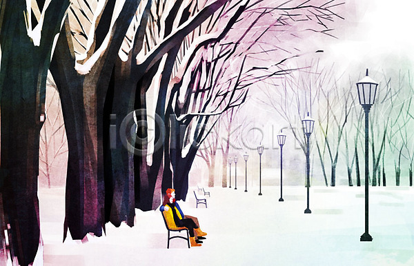 따뜻함 사랑 남자 두명 사람 여자 PSD 일러스트 가로등 가로수 겨울 겨울배경 나무 눈(날씨) 데이트 백그라운드 벤치 앉기 커플