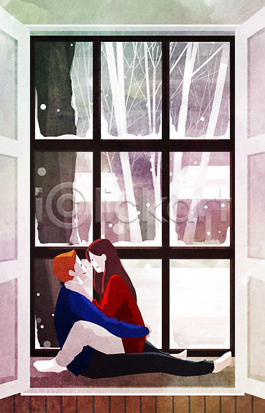 따뜻함 사랑 남자 두명 사람 여자 PSD 일러스트 겨울 겨울배경 나무 눈(날씨) 데이트 마주보기 백그라운드 창문 커플 포옹